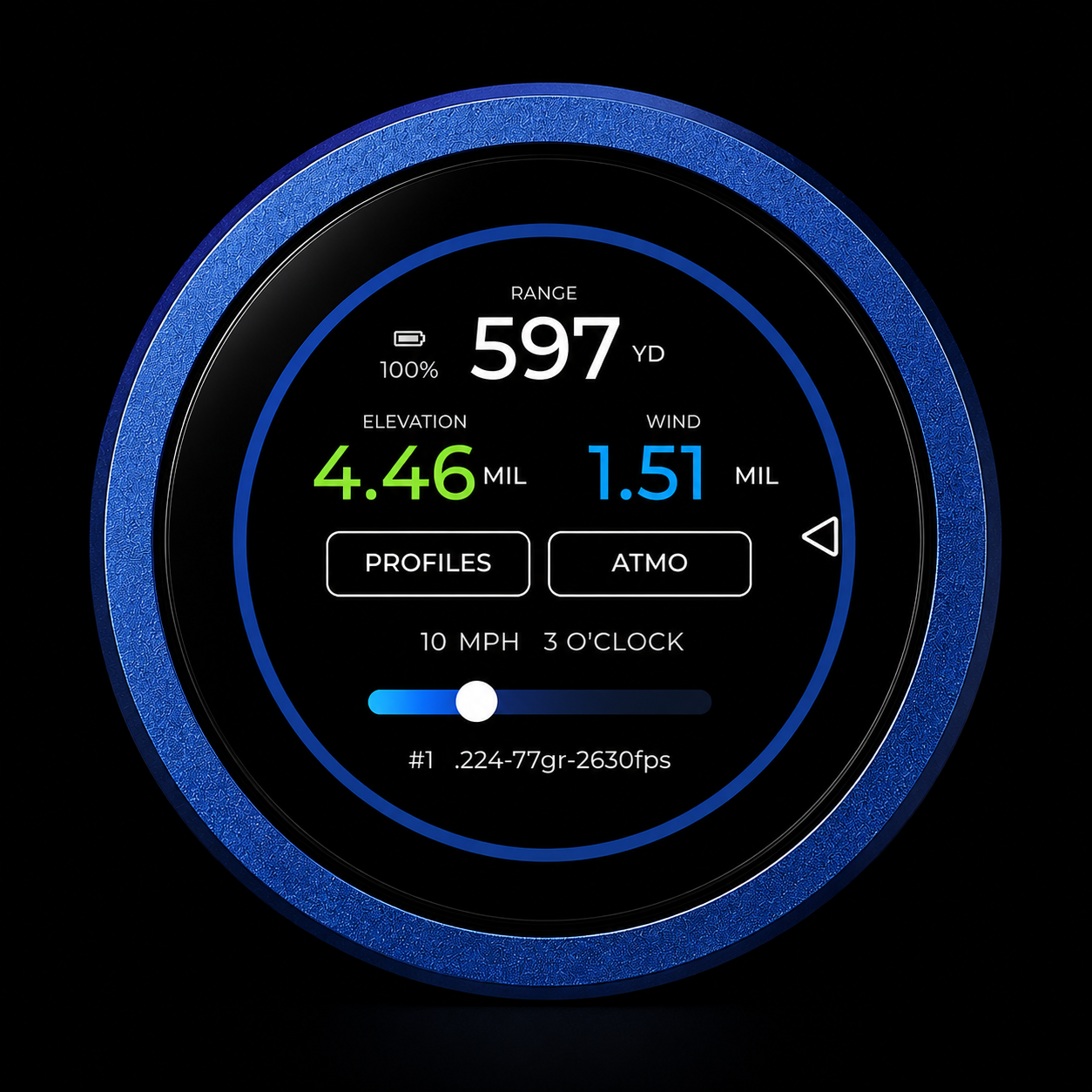 DopeSpin ballistic dial showing range, elevation and wind holds on display